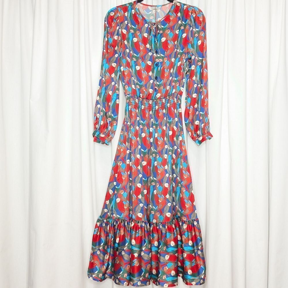 Tucker Juliette Dress Deco Parrot in Silk Stretch Charmeuse Bird Print Midi - Picture 2 of 9